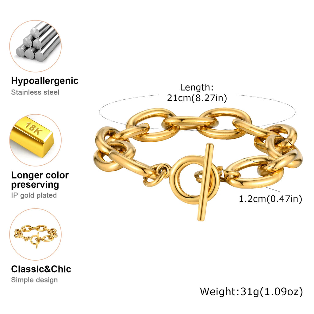 18K Gold Plated Stainless Steel Link Chain Bracelet for Women – Stackable Waterproof Bangle