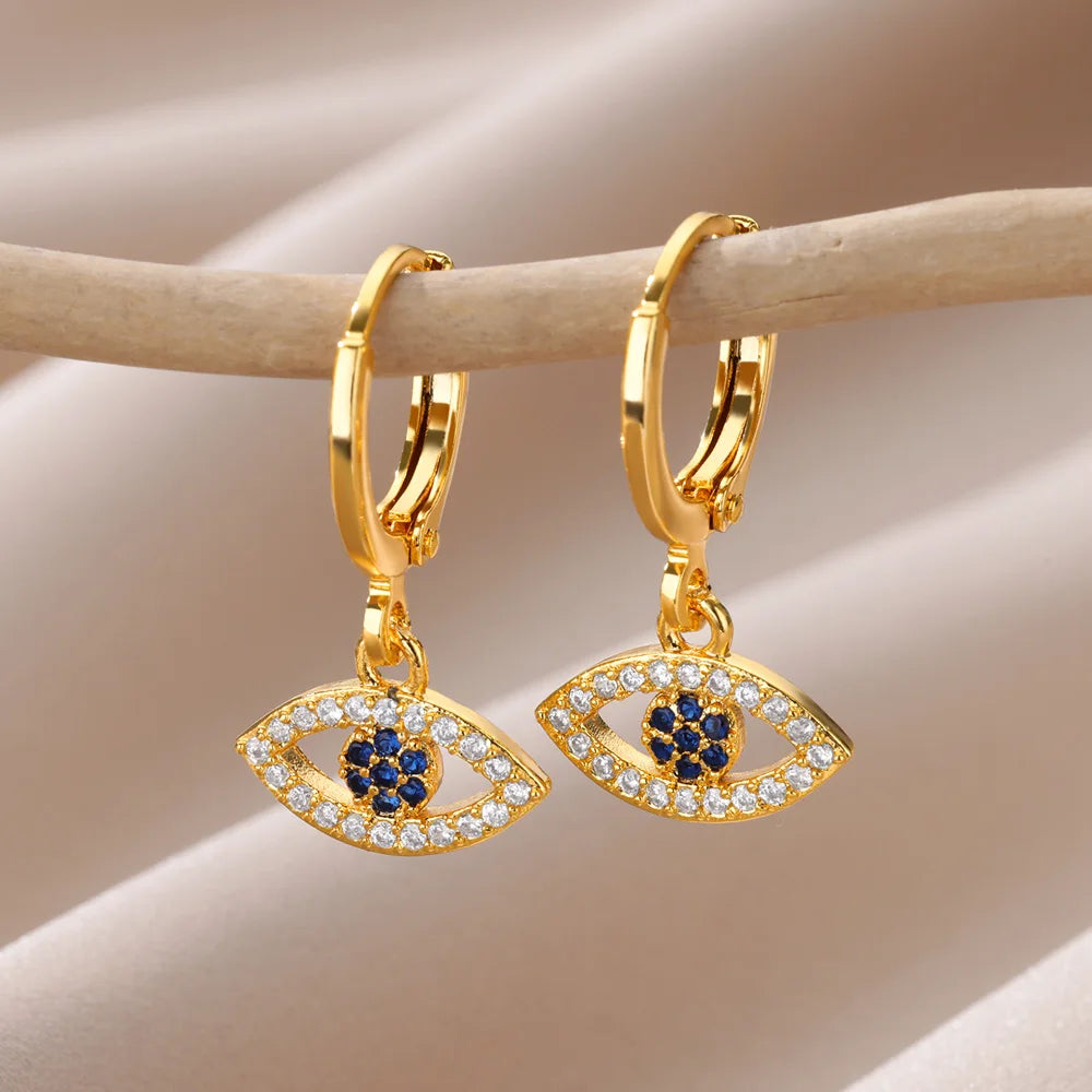Zircon Evil Eye Drop Earrings for Women – Gold Stainless Steel Vintage Aesthetic Jewelry