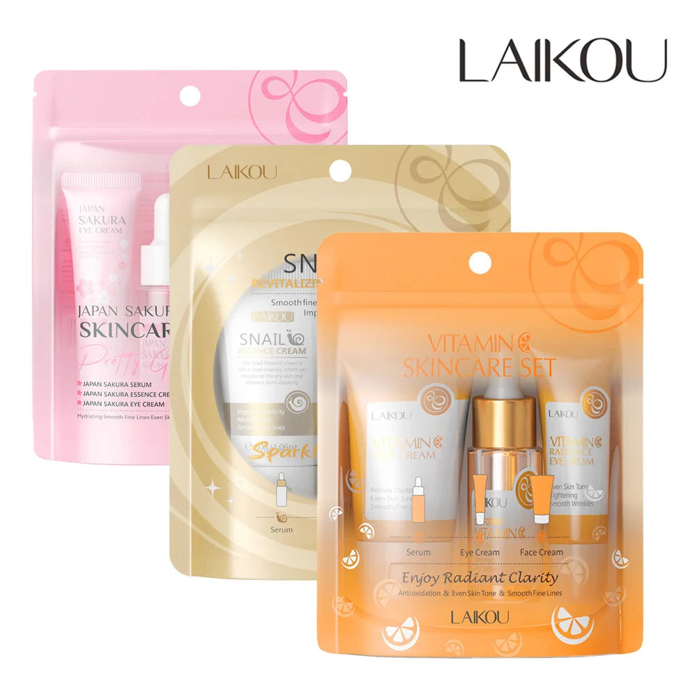 3pcs/set LAIKOU Skin Care Set Vitamin C Sakura Snail Essence Serum & Eye Cream & Face Cream Moisturizer Travel Size Skincare Set Nanasbeautyholic