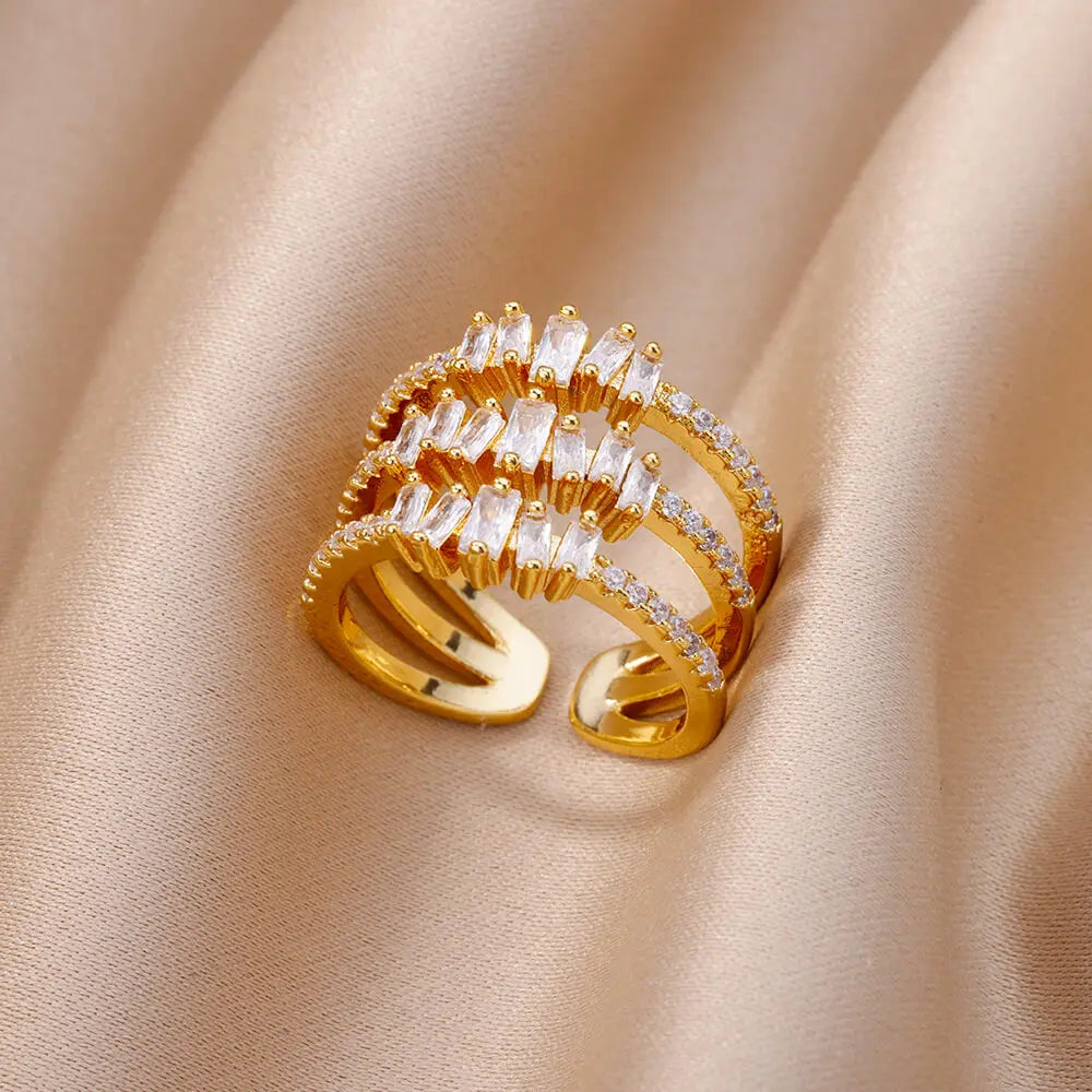 18K Gold Plated Zircon Flower & Leaf Ring | Adjustable Stainless Steel | Women's Aesthetic Wedding Band