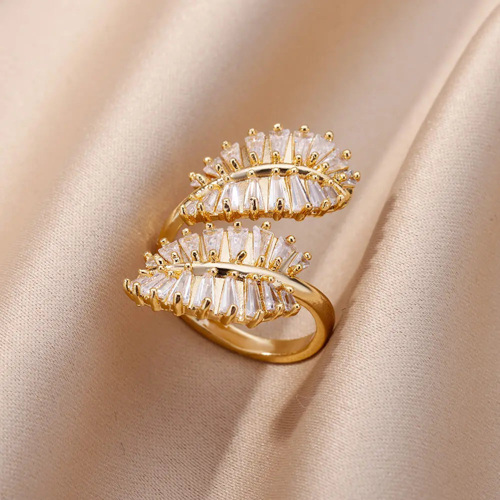 18K Gold Plated Zircon Flower & Leaf Ring | Adjustable Stainless Steel | Women's Aesthetic Wedding Band