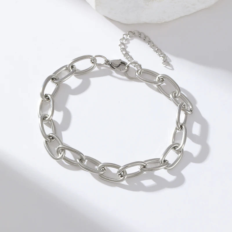 Stainless Steel Beaded Charm Bracelet for Women – 18K Gold Plated Link Chain