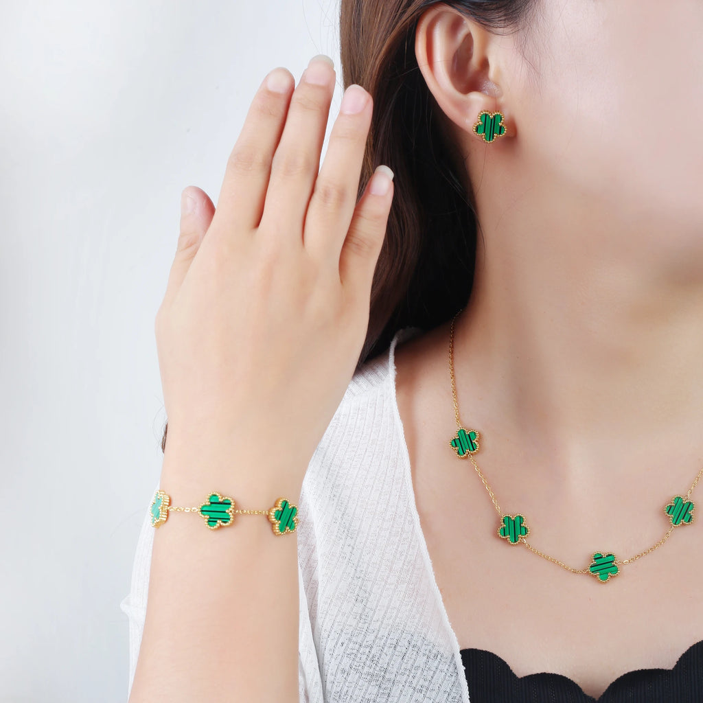 18K Gold Plated Flower Jewelry Set | 3-Piece Necklace Earrings Bracelet | Stainless Steel | Women's Fashion Gift