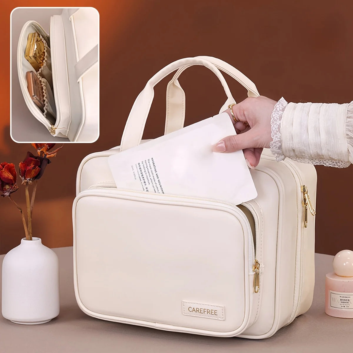 New PU Leather Hanging Cosmetic Bag For Women Portable Storage Makeup Organizer Large Capacity Travel Toiletry Storage Bags Nanasbeautyholic