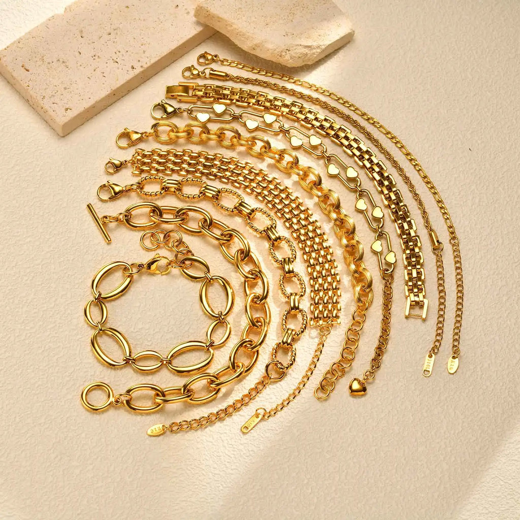 18K Gold Plated Stainless Steel Link Chain Bracelet for Women – Stackable Waterproof Bangle