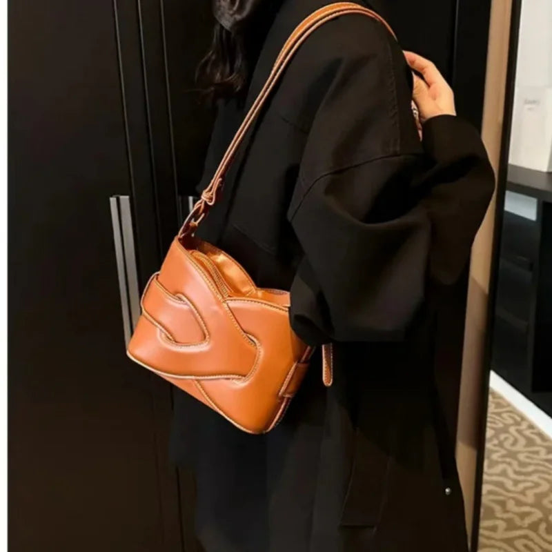 Genuine Leather Bucket Shoulder Bag for Women – Large Capacity Underarm Bag