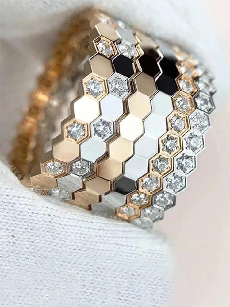 925 Sterling Silver Zircon Hexagon Ring | Gold, Silver & Rose Gold | Sizes 6–10 | Women's Fine Jewelry