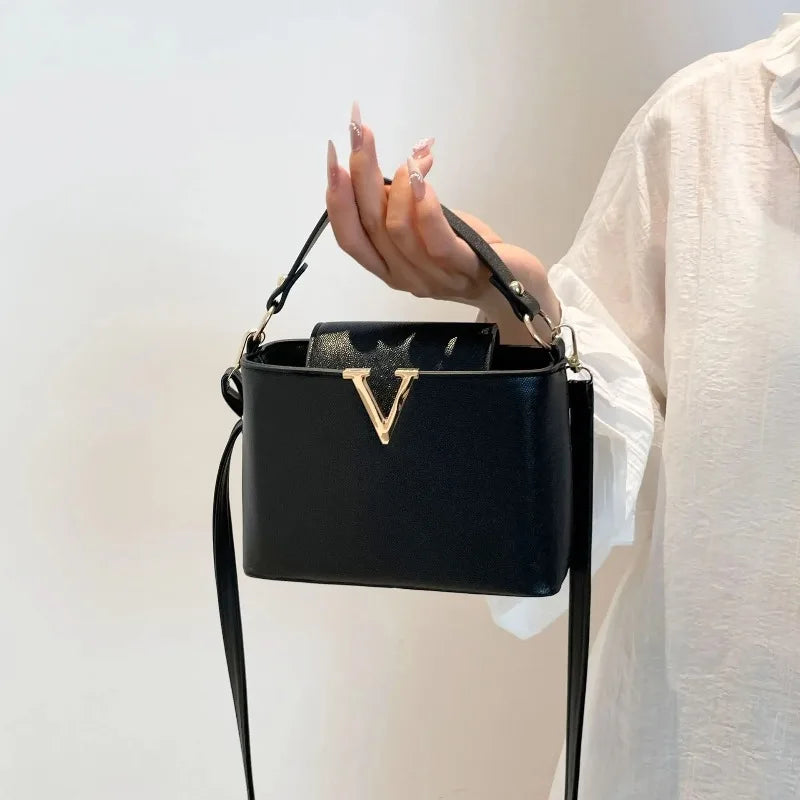 Sequin Letter Bucket Bag – Soft PU Leather Shoulder & Crossbody Tote for Women
