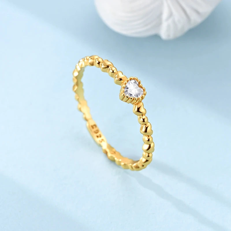 925 Sterling Silver Heart Star Moon Ring | Sparkling Zircon | Gold Chain Design | Women's Fine Jewelry Gift