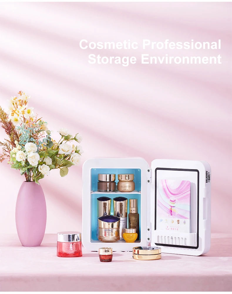 Mini Makeup Fridge WIth LED Light Mirror Portable Cosmetic Storage