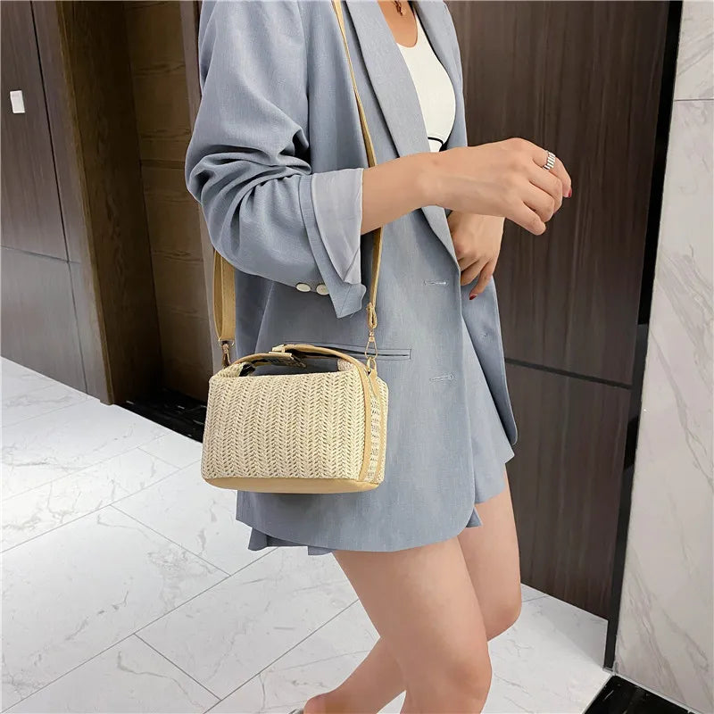 HOMEFISH Summer Small Straw Handbag Trendy Shoulder Bag Woven Bucket Crossbody Bag Casual Seaside Beach Bag Gilrs Handle Tote Nanasbeautyholic