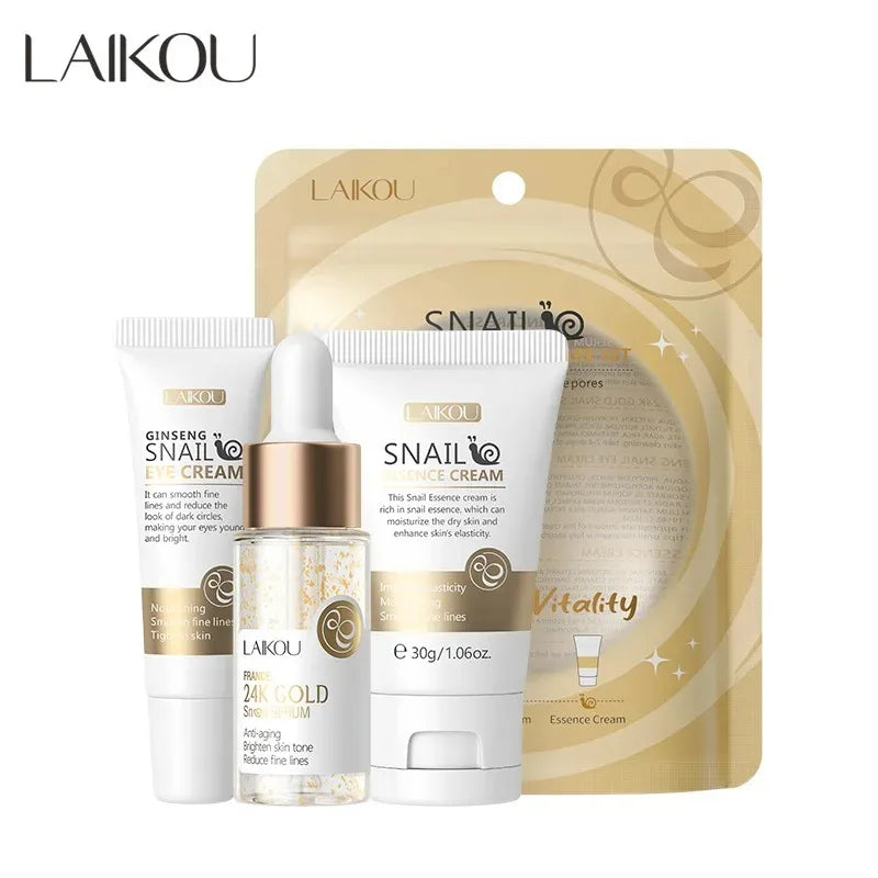 3pcs/set LAIKOU Skin Care Set Vitamin C Sakura Snail Essence Serum & Eye Cream & Face Cream Moisturizer Travel Size Skincare Set Nanasbeautyholic