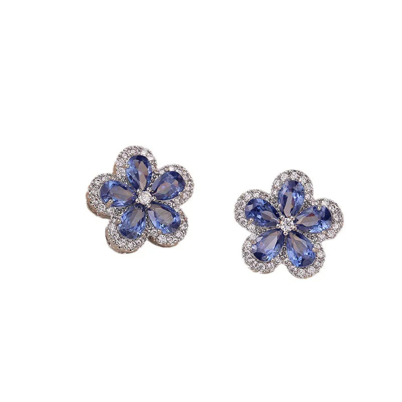 S925 Silver Needle Zircon Flower Jewelry | Earrings, Necklace & Blue Crystal Set | Luxury Banquet Style