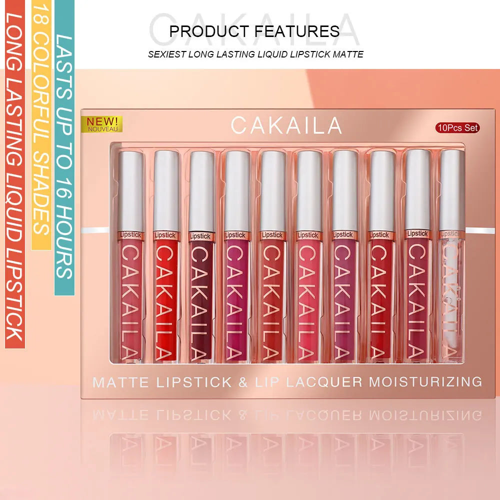 CAKAILA 10-Piece Nude Matte Lip Gloss Set – Velvet Liquid Lipstick | Waterproof & Long-Lasting