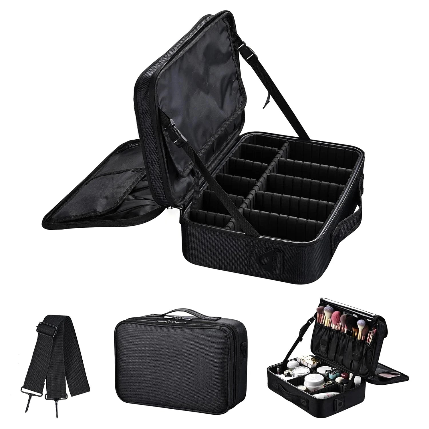 Large capacity travel makeup case, portable artist organizer with adjustable dividers and shoulder strap for toiletries jewelry Nanasbeautyholic