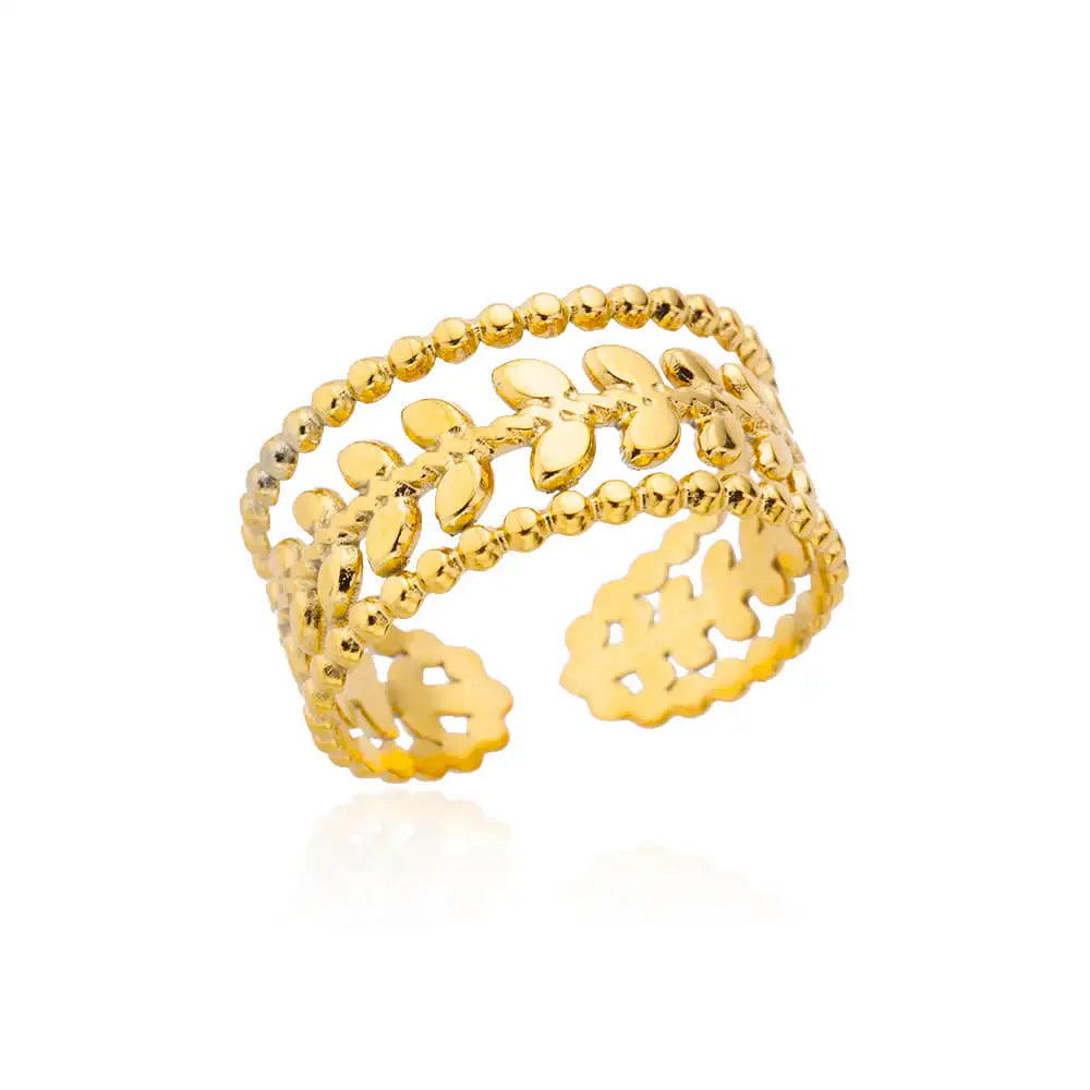18K Gold Plated Zircon Flower & Leaf Ring | Adjustable Stainless Steel | Women's Aesthetic Wedding Band