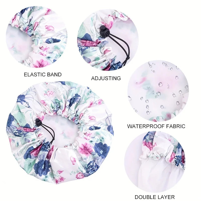 Women Double Layer Waterproof Shower Cap Floral Print Adjustable Double-Layer Elastic Hair Cap Bathing Accessory Nanasbeautyholic