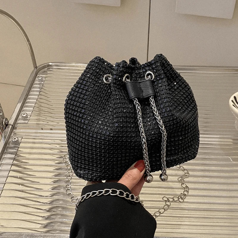 Rhinestone Drawstring Bucket Bag – Sparkling Crossbody Purse for Women