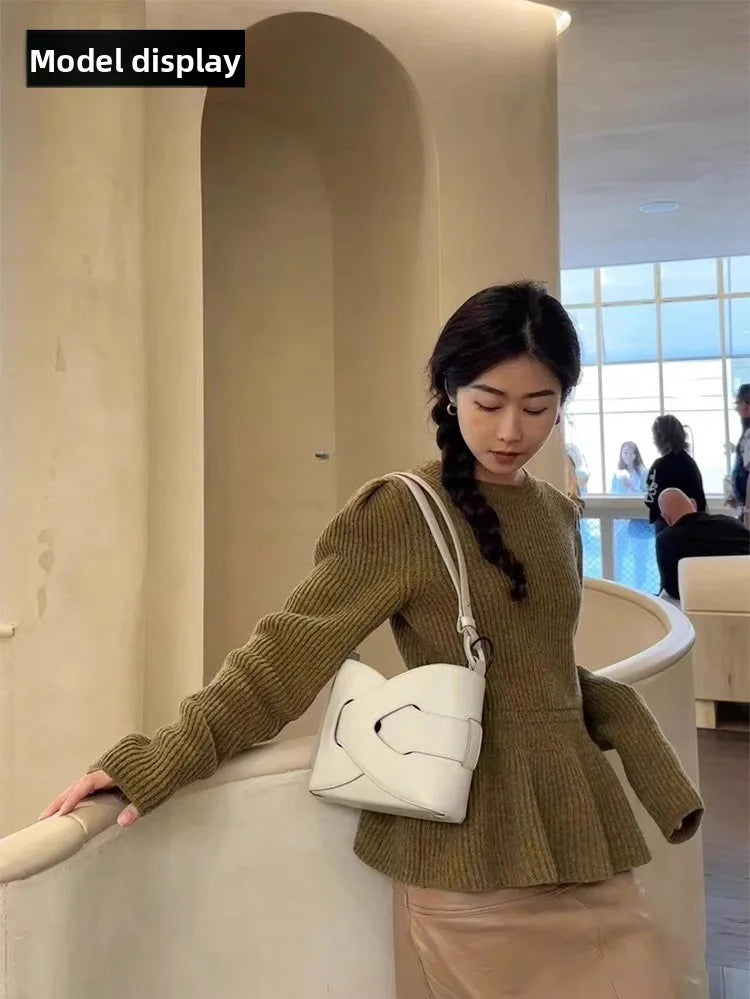 Genuine Leather Bucket Shoulder Bag for Women – Large Capacity Underarm Bag