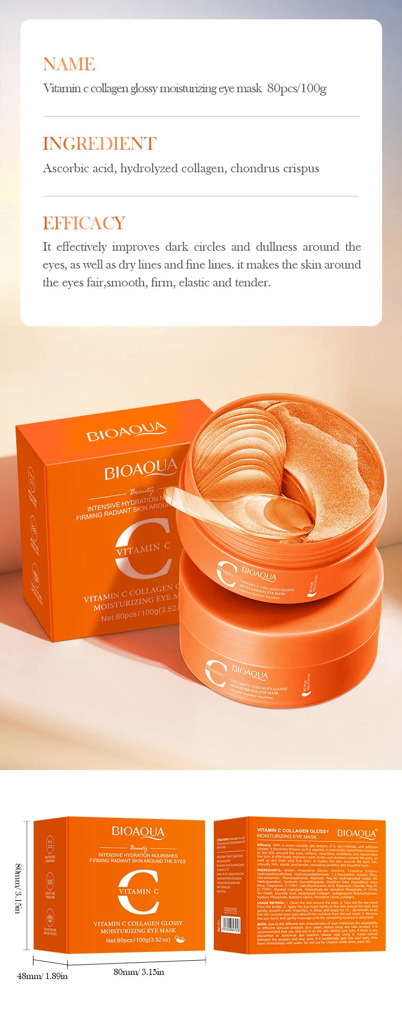 80pcs BIOAQUA Vitamin C Crystal Collagen Eye Mask Anti Dark Circles Whitening Anti-Wrinkles Moisturizing Anti-Aging Eye Patches Nanasbeautyholic