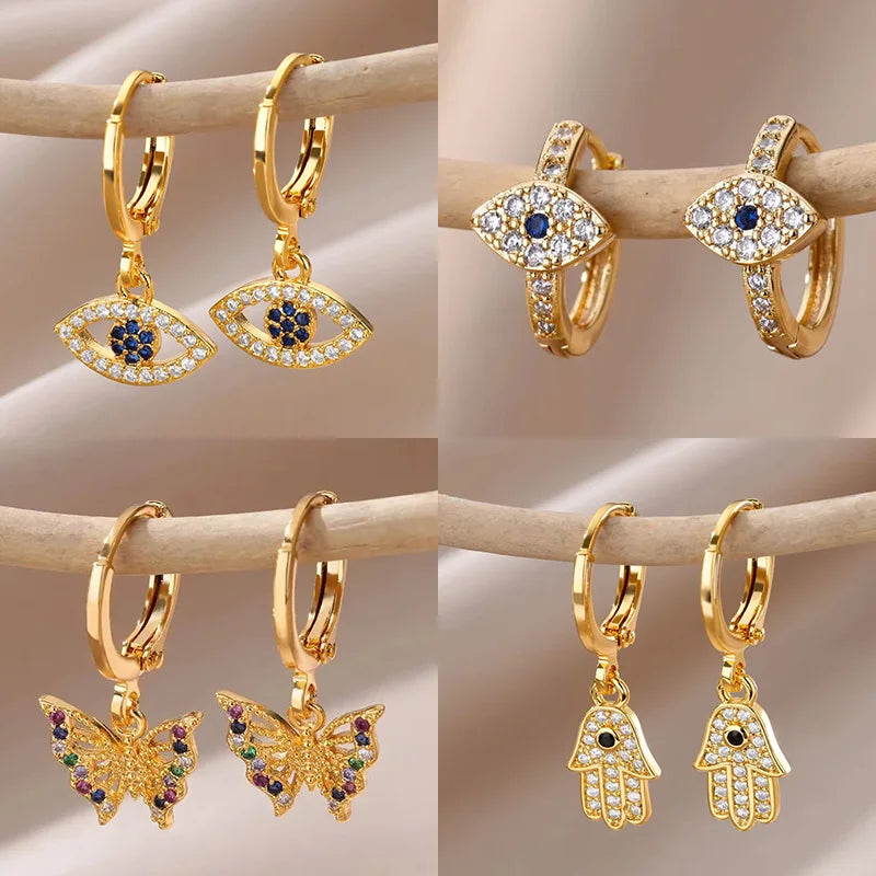 Zircon Evil Eye Drop Earrings for Women – Gold Stainless Steel Vintage Aesthetic Jewelry