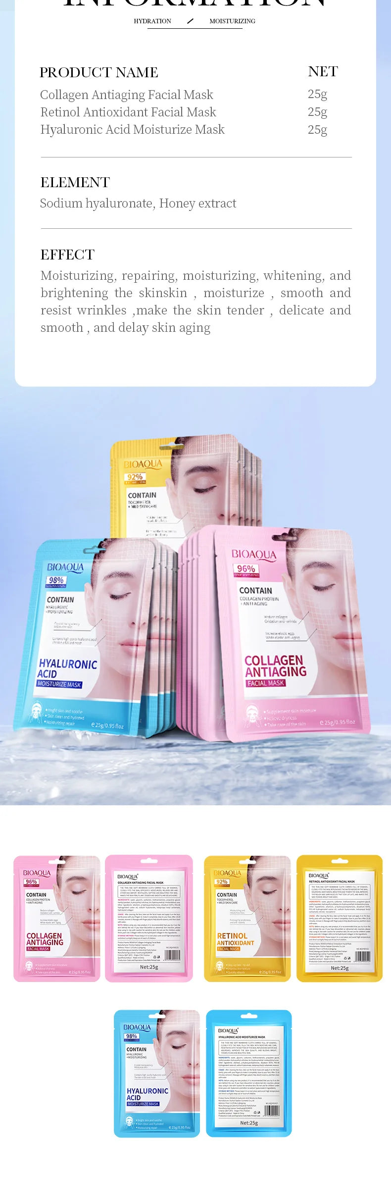 15pcs BIOAQUA Retinol Collagen Facial Masks Firming Moisturizing Nourishing Hydrating Face Mask Facial Skin Care Products Nanasbeautyholic