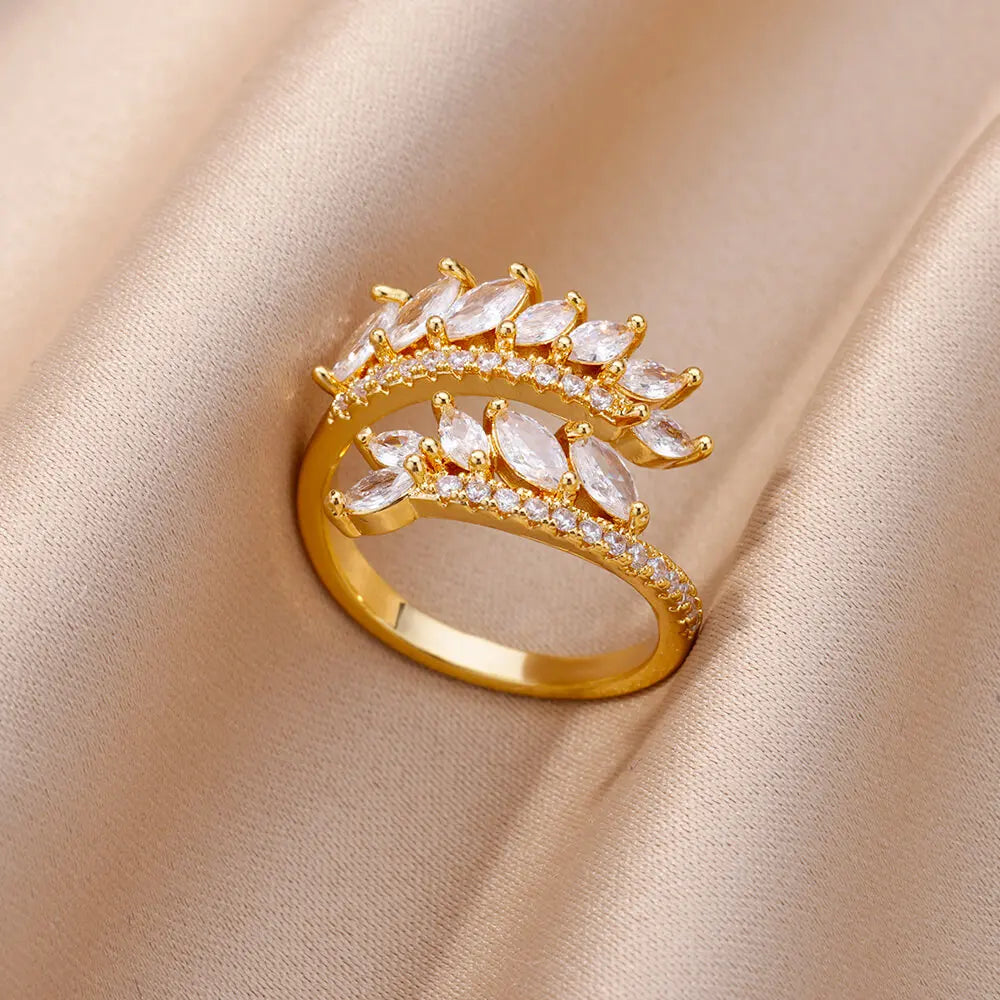 18K Gold Plated Zircon Flower & Leaf Ring | Adjustable Stainless Steel | Women's Aesthetic Wedding Band