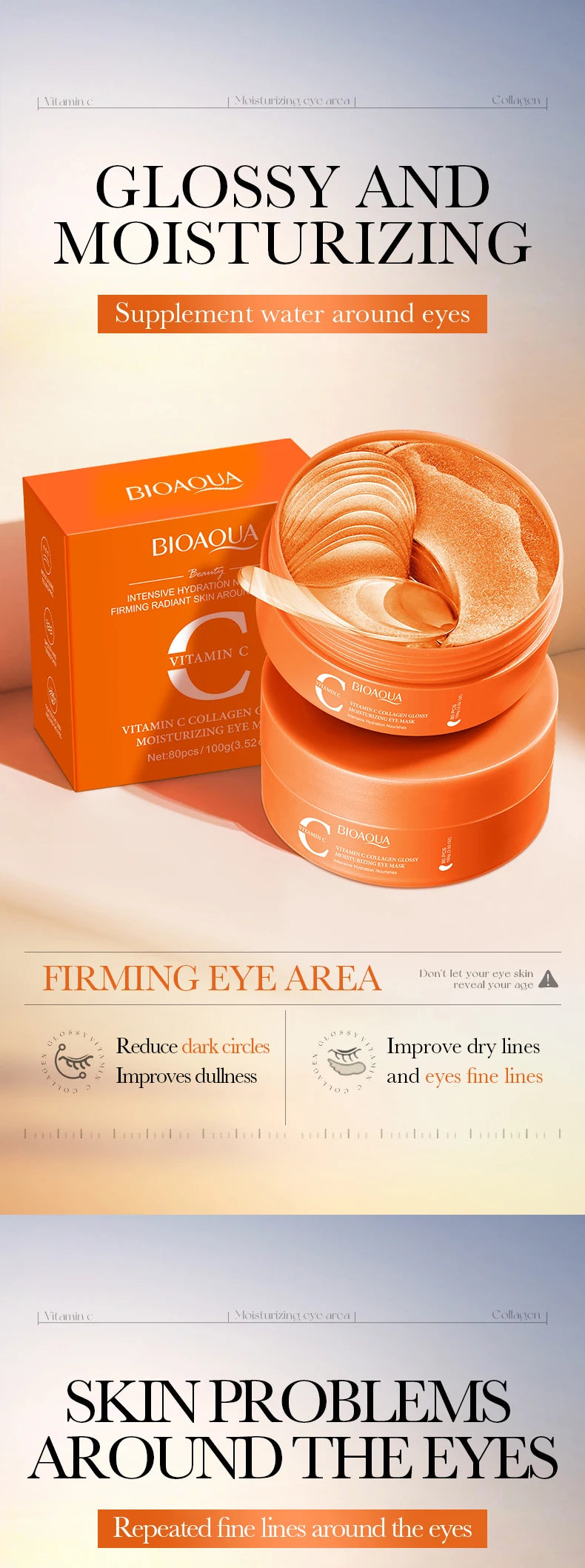 80pcs BIOAQUA Vitamin C Crystal Collagen Eye Mask Anti Dark Circles Whitening Anti-Wrinkles Moisturizing Anti-Aging Eye Patches Nanasbeautyholic