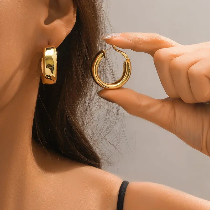 Chunky Hoop Earrings for Women | Gold & Silver Stainless Steel | Minimalist C-Shape Drop Earrings