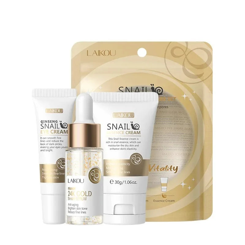 3pcs/set LAIKOU Skin Care Set Vitamin C Sakura Snail Essence Serum & Eye Cream & Face Cream Moisturizer Travel Size Skincare Set Nanasbeautyholic