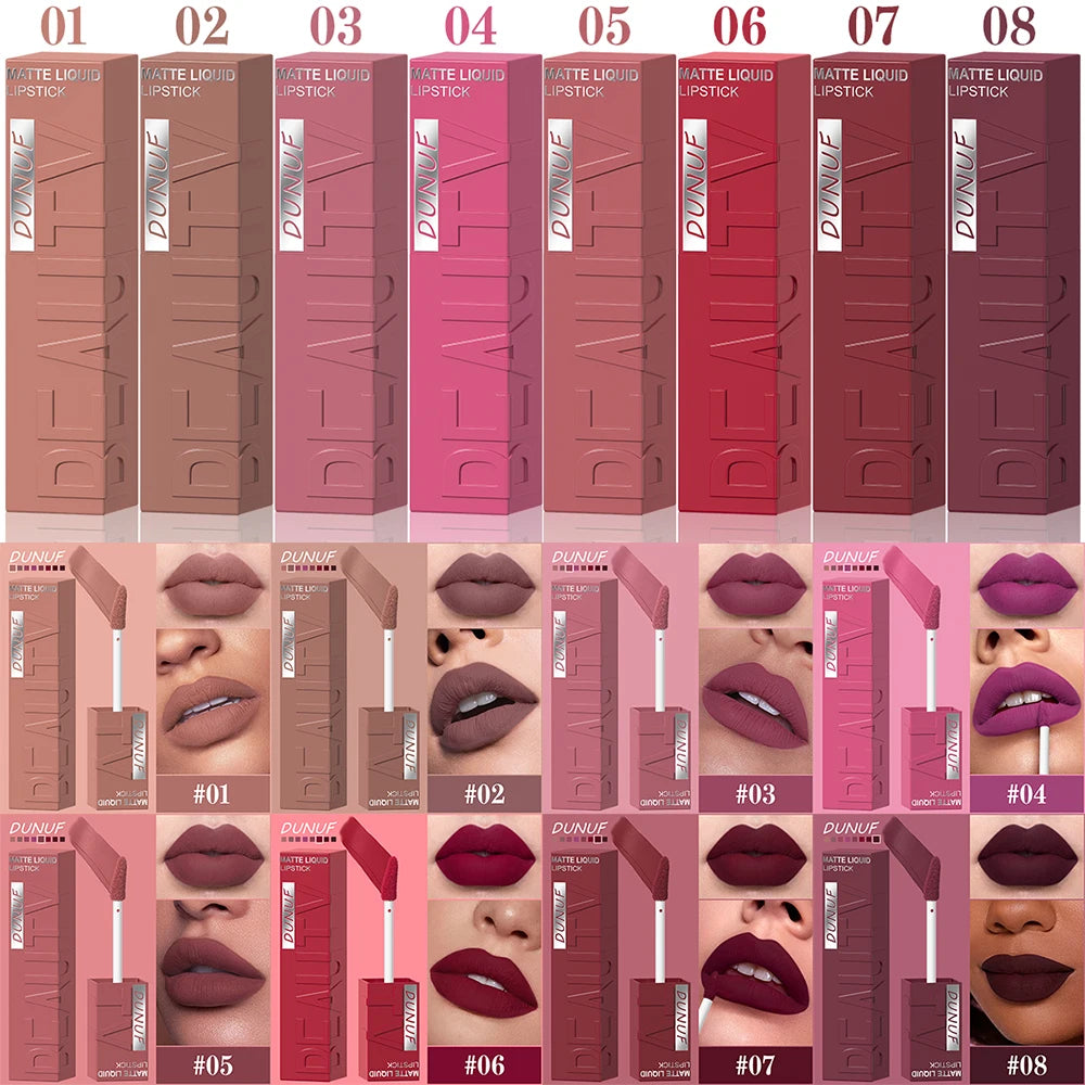 8Pcs/Set Nude Brown Matte Liquid Lipstick Velvet Sexy Dark Red Lip Glaze Non-stick Cup Not Easy To Fade Lip Gloss Lipstick Makeu Nanasbeautyholic