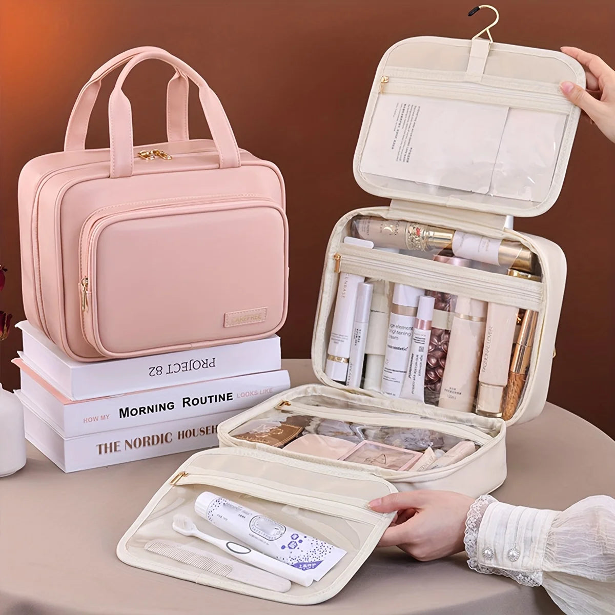 New PU Leather Hanging Cosmetic Bag For Women Portable Storage Makeup Organizer Large Capacity Travel Toiletry Storage Bags Nanasbeautyholic