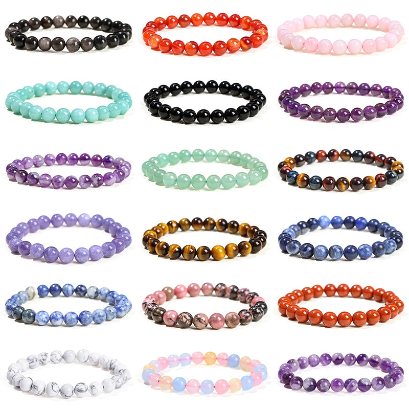 Natural Gemstone Bead Bracelet — Amethyst, Tiger Eye, Crystal, Agate & More | Reiki Healing Jewelry
