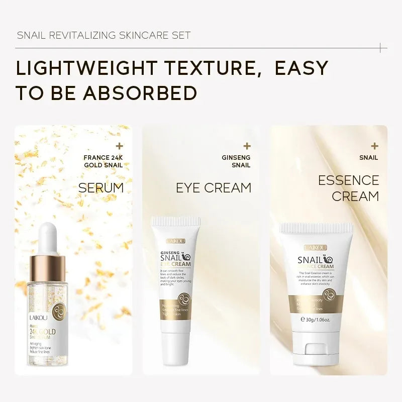 3pcs/set LAIKOU Skin Care Set Vitamin C Sakura Snail Essence Serum & Eye Cream & Face Cream Moisturizer Travel Size Skincare Set Nanasbeautyholic