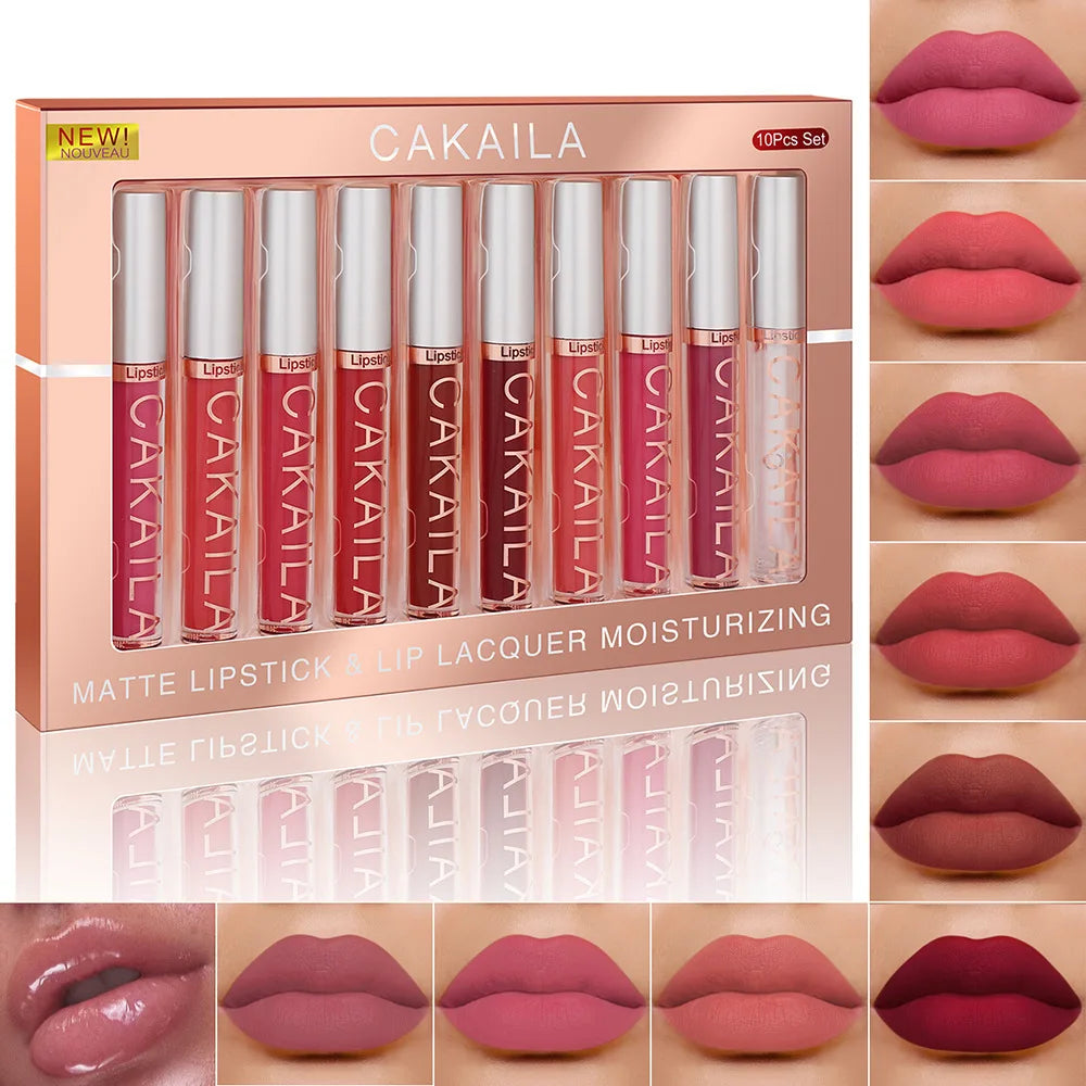 CAKAILA 10-Piece Nude Matte Lip Gloss Set – Velvet Liquid Lipstick | Waterproof & Long-Lasting