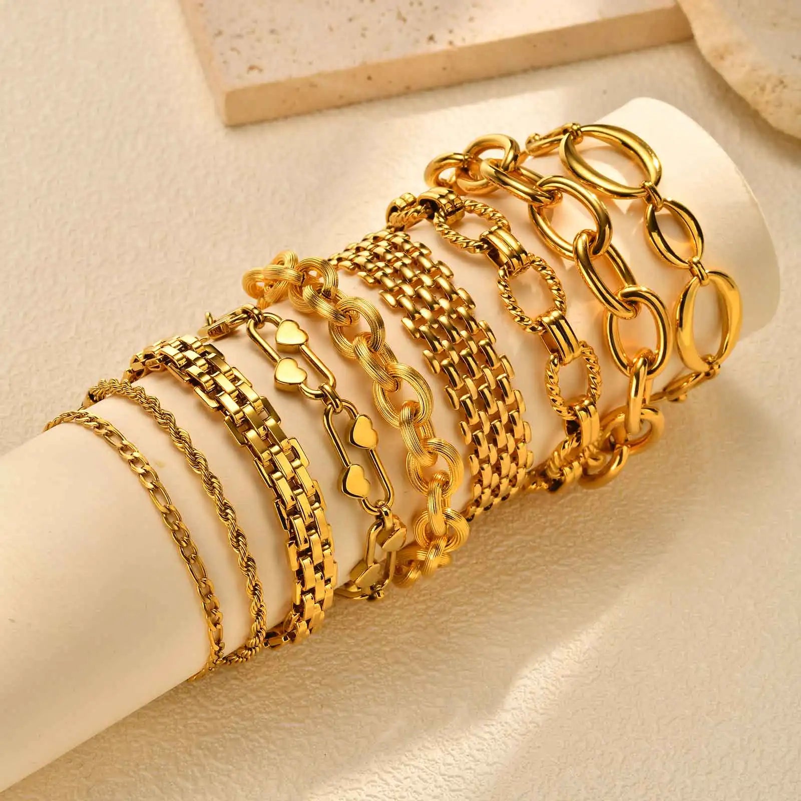 18K Gold Plated Stainless Steel Link Chain Bracelet for Women – Stackable Waterproof Bangle