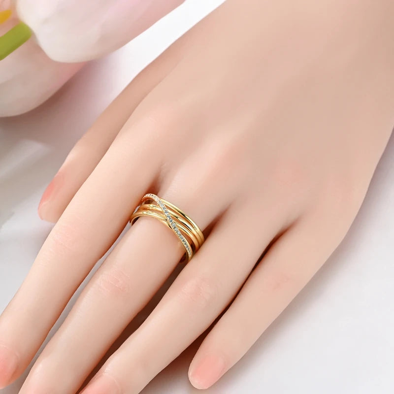 925 Sterling Silver Heart Star Moon Ring | Sparkling Zircon | Gold Chain Design | Women's Fine Jewelry Gift