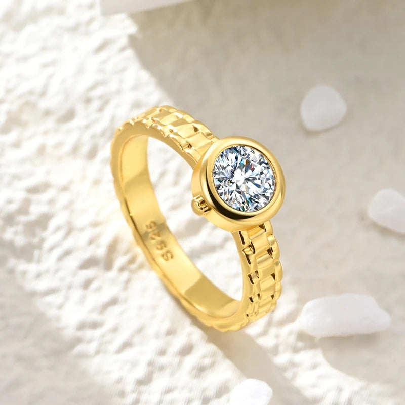 925 Sterling Silver Heart Star Moon Ring | Sparkling Zircon | Gold Chain Design | Women's Fine Jewelry Gift