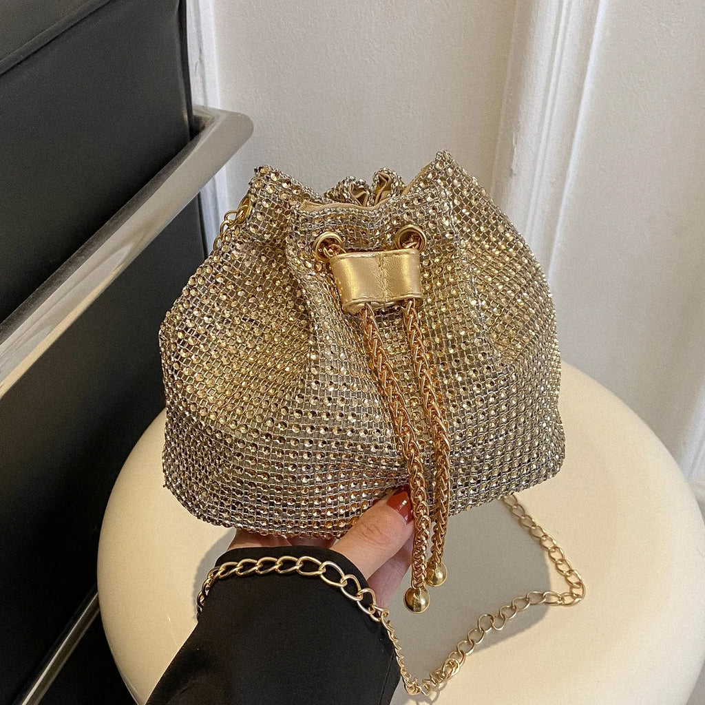Rhinestone Drawstring Bucket Bag – Sparkling Crossbody Purse for Women
