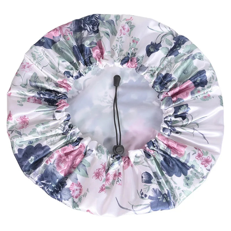 Women Double Layer Waterproof Shower Cap Floral Print Adjustable Double-Layer Elastic Hair Cap Bathing Accessory Nanasbeautyholic
