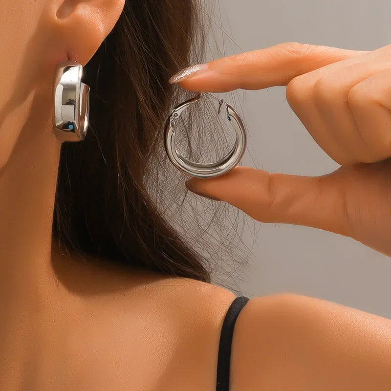 Chunky Hoop Earrings for Women | Gold & Silver Stainless Steel | Minimalist C-Shape Drop Earrings