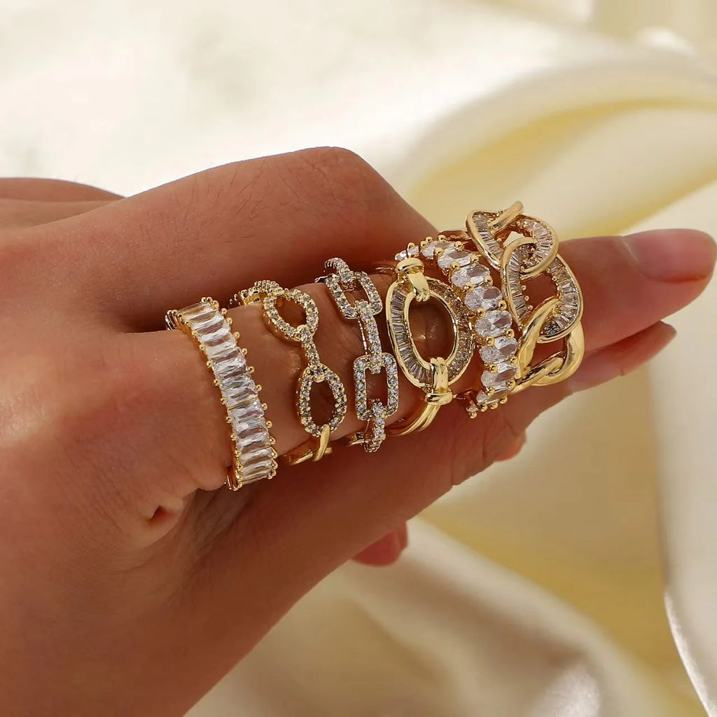 18K Gold Plated Zircon Ring | Adjustable Stainless Steel | Geometric Aesthetic | Women's Wedding & Party Jewelry
