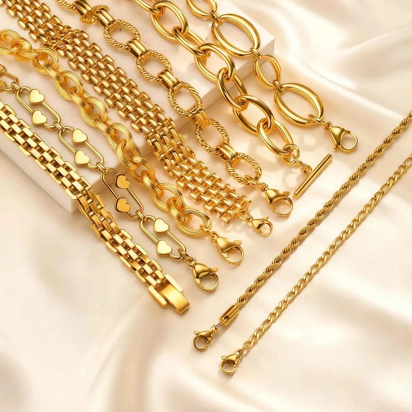 18K Gold Plated Stainless Steel Link Chain Bracelet for Women – Stackable Waterproof Bangle