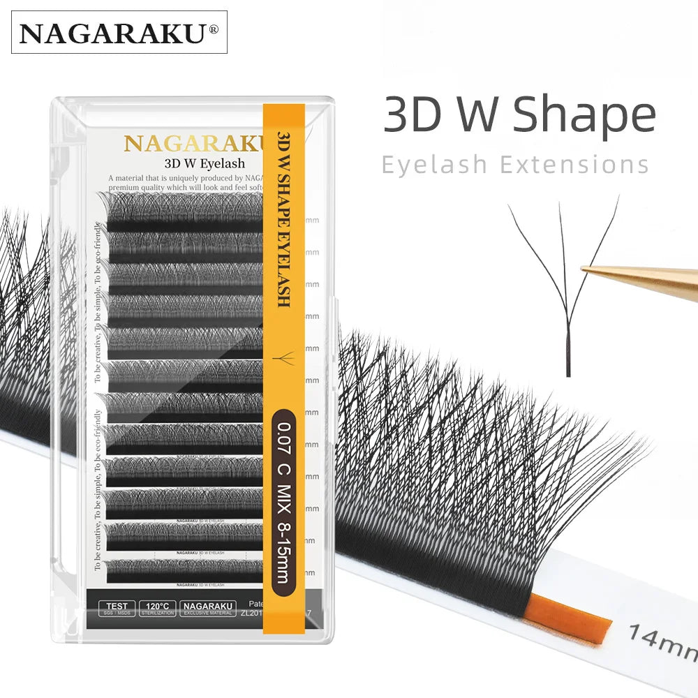 NAGARAKU W Shape Bloom Premade Fans | 3D 4D 5D Double Tips | C/D Curl | 8–15mm