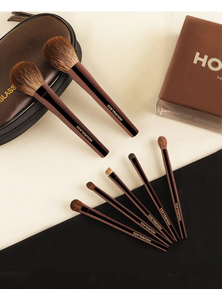 Hourglass Mini 7-Piece Professional Makeup Brush Set – Portable Eyeshadow, Blush & Powder Brushes with Soft Natural Hair