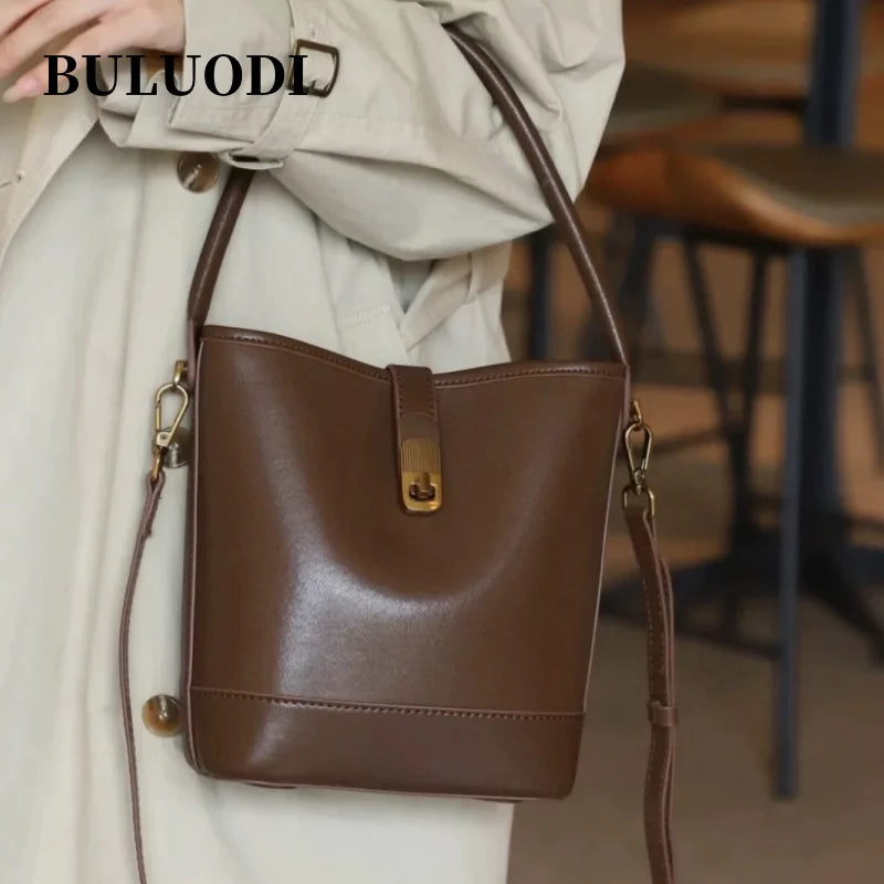 Genuine Leather Bucket Bag – Soft Cow Leather Shoulder & Crossbody Handbag