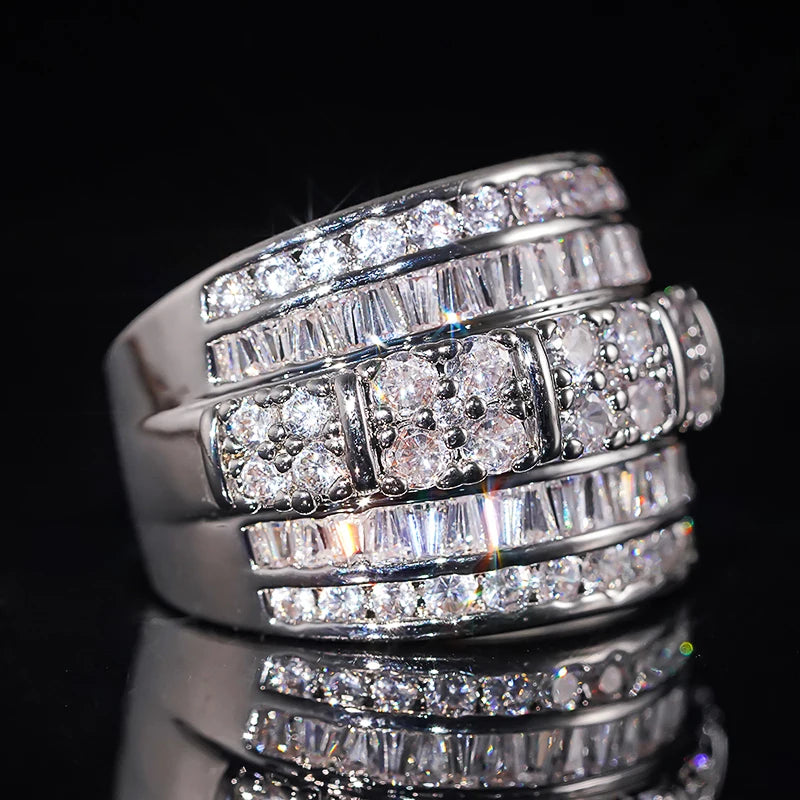 Cubic Zirconia Cocktail Ring for Women | Geometric Wide Band | Prong Setting | Trendy Party & Wedding Jewelry
