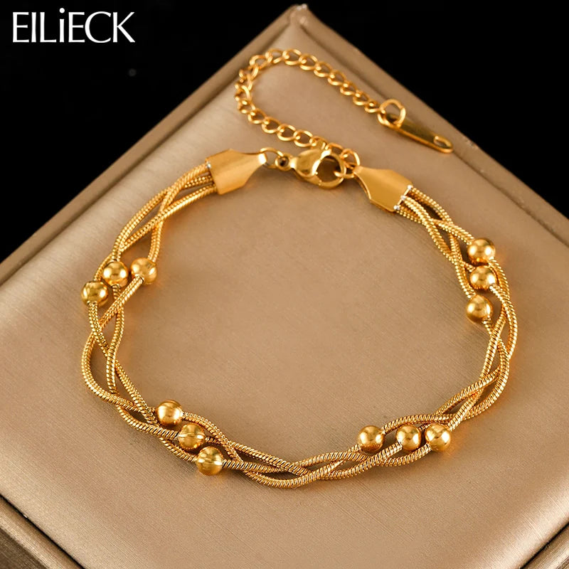 Stainless Steel Beaded Charm Bracelet for Women – 18K Gold Plated Link Chain