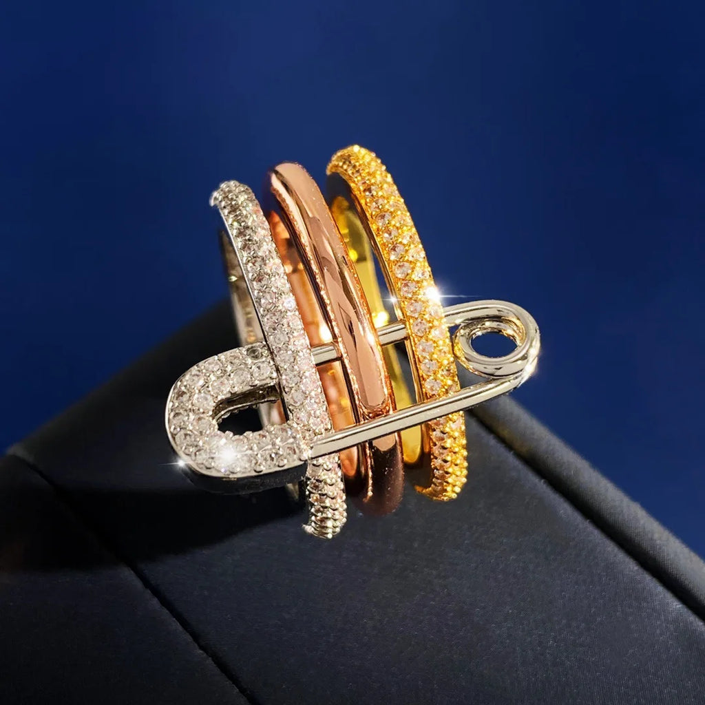 14K Gold Plated CZ Stackable Ring | 3-Layer Pave Setting | Multicolor & Silver | Women's Party Jewelry
