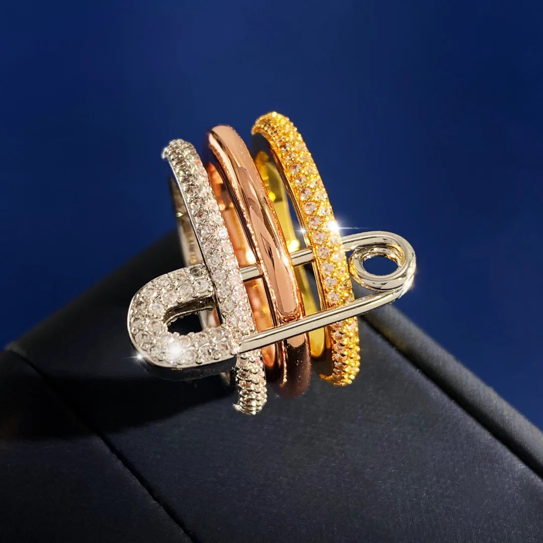 14K Gold Plated CZ Stackable Ring | 3-Layer Pave Setting | Multicolor & Silver | Women's Party Jewelry